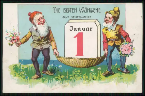 AK Zwei fröhliche Zwerge tragen Schild mit der Aufschrift 1. Januar - 1914 gel.