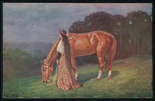 junge Frau mit langem Haar und Pferd Abendsonne Gemälde von A. Mailick 1918 gel.