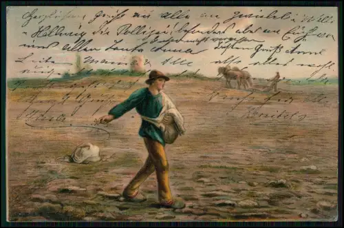 AK Sämann Bauer streut Saat auf Feld - Hintergrund Pflug mit Pferde - 1906 gel.