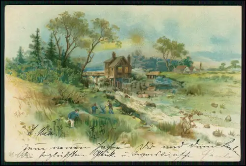AK Idyllische Mühle mit Bachlauf Feldern und Arbeitern - 1903 gel. P.F. No. 963