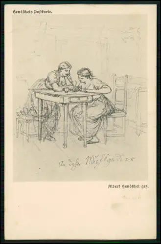 Zwei junge Frauen am Tisch beim Schreiben, zarte Bleistiftzeichnung A. Hendschel