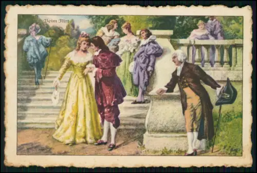 Romantische Rokokoszene flirtend Paar im Garten kolorierte Karte Ernst Kiesling