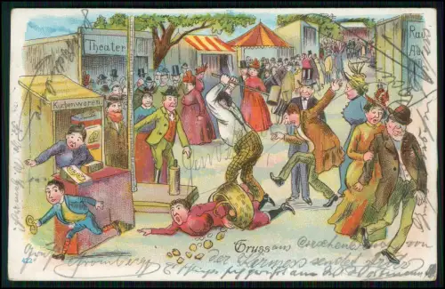 AK Bunter Jahrmarkt-Trubel mit Diebstahl Tollpatsch Kirmeschaos satirische Szene