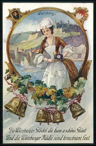 AK Würzburger Madl Trachtmädchen mit Wein vor der Festung, lobt Glöckchenklang