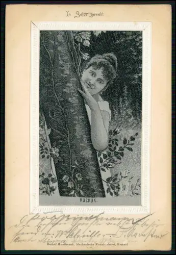 AK Kuckuck Seidenkarte Junge Frau schaut neckisch hinter Baum in Seide eingewebt