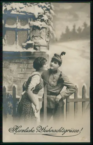 Soldat Orden Mädchen Dirndl in winterlicher Romantik innige Grüße zur Weihnacht