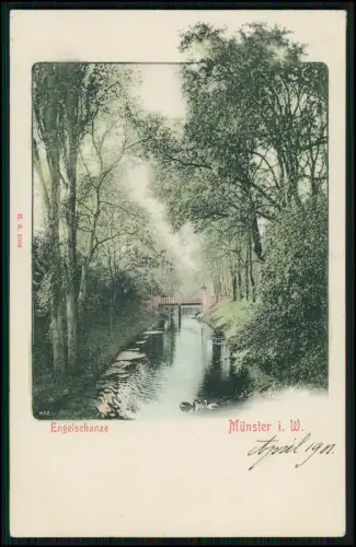 AK Engelsschanze Münster i.W. - Waldweg mit Brücke über Wasser mit Enten - 1901