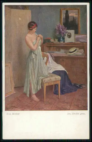 Künster AK - Das Modell gemalt von Jos. Straka Junge Frau elegant beim Ankleiden