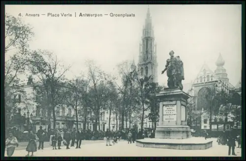 AK Antwerpen Groenplaats Platz - mit Rubensstatue Kathedrale im Hintergrund 1914