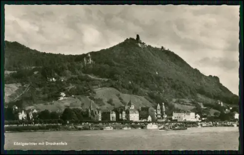 Foto AK Königswinter Hotel-Restaurant auf Drachenfels Blick auf Rhein und Ruine