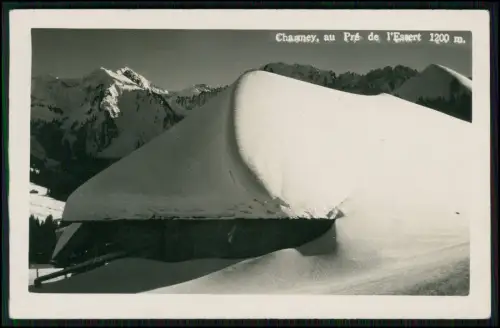 Foto AK Druck Stempel Fotograf - schneebedeckt Charmey am Pré de l'Essert 1930