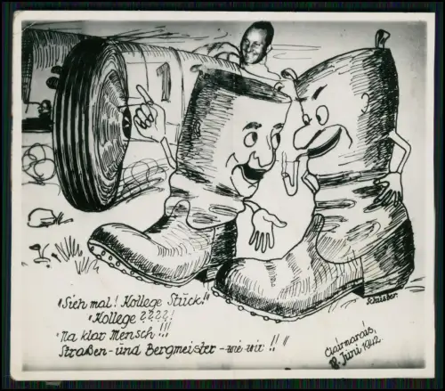 Karikatur 1942 sprechende Stiefel die sich als Straßen- und Bergmeister erkennen