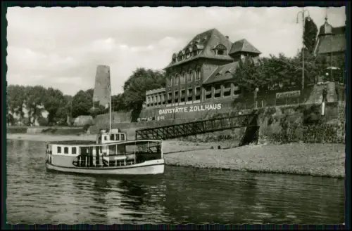 AK Gaststätte Zollhaus Kaiserswerth Rhein Dampferanlegestelle vorbeifahrend Boot