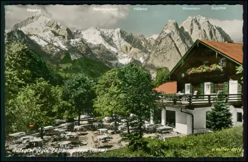 4x Foto AK - Aule Alm - Am Kreuzeckbahnhof Garmisch-Partenkirchen - Biergarten
