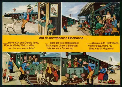 AK - Schwäbische Eisenbahn Bahnhof - bunte Karikaturen mit Text - Humor Scherz