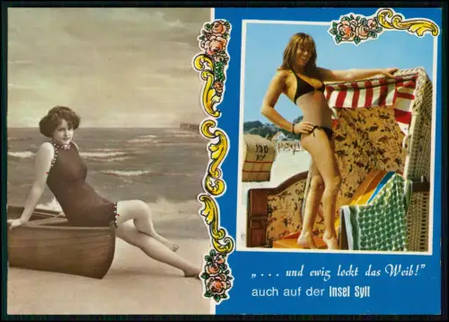 Foto AK - Sylt Bade-Mode einst u. jetzt -schöne junge Dame - Strandkorb am Meer