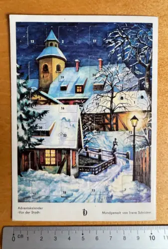 Karte 15x10cm Adventskalender - 24 Türchen - mundgemalt Irene Schricker um 1960