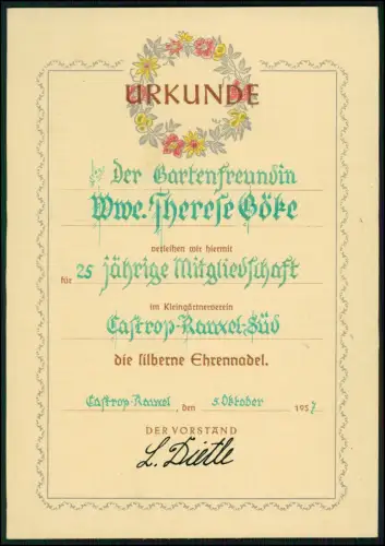 Urkunde Gartenfreundin... Kleingärtnerverein Castrop-Rauxel Silberne Ehrennadel
