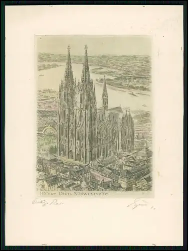 Filigrane Radierung signiert - 9x13cm - des Kölner Doms - mit Stadtansicht Rhein