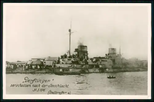 Foto AK SMS Derfflinger nach Skagerrak Schlacht 5.1916 schwer beschädigt Treffer