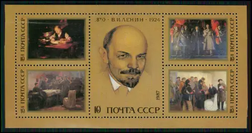 UdSSR Briefmarkenblock 1987 - Lenin-Porträt im Zentrum von Szenen seines Lebens