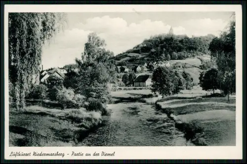 AK Niedermarsberg an der Diemel - Blick auf den Fluss - der Ort und den Burgberg