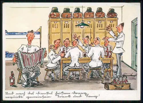 AK - Soldatenkarikatur auf Stube Musik, Bier und Gesang - 1942 Feldpost gelaufen