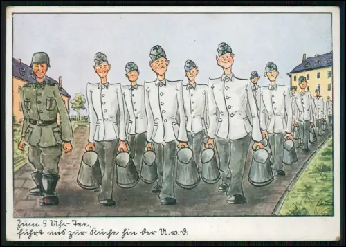 AK - Soldatenkarikatur Rekruten marschieren zur Küche - 1942 Feldpost gelaufen