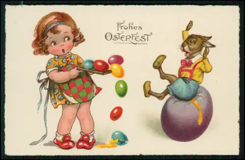 AK Mädchen Bunte Ostereier fallen lässt erschrockener Osterhase - 1938 gelaufen