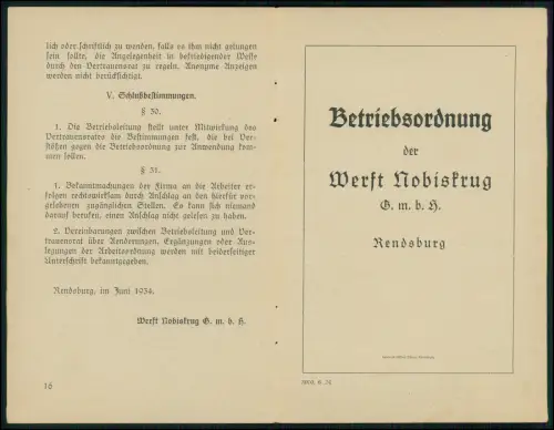Heft mit 16 Seiten - Betriebsordnung der Werft - Nobiskrug GmbH Rendsburg - 1934