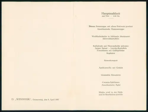 4x Menükarte - Deutsche Afrika-Linien Schiff - Dampfer Windhuk Woermann 1937