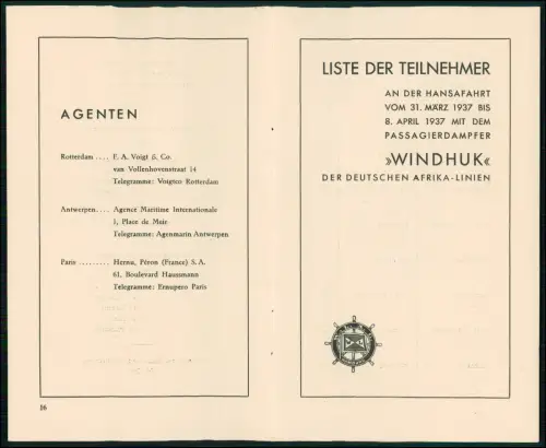 13 S.  Hansa-Fahrt 1937 Teilnehmerliste alle Namen Dampfer Windhuk Woermann 1937