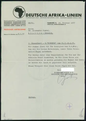 3x Brief Reise 1937 Hansa-Fahrt Windhuk Deutsche Afrika-Linien Kreuzfahrt Doku.