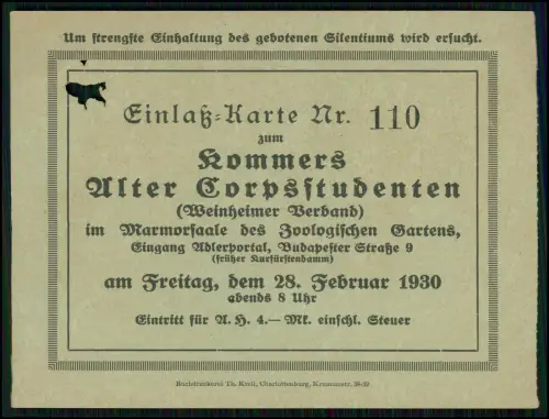 Einlasskarte Kommers - Alter Corps-Studenten 1930 - Berlin Zoologischer Garten