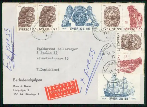 Schweden Expressbrief 1971 - Wasa Marken nach Berlin Hotel Rönninge Flugpost RAR