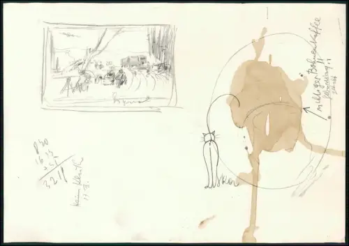 29x20cm - alter Druck Wehrmacht Zeichnung Skizze Soldaten - Kaffee verschmiert