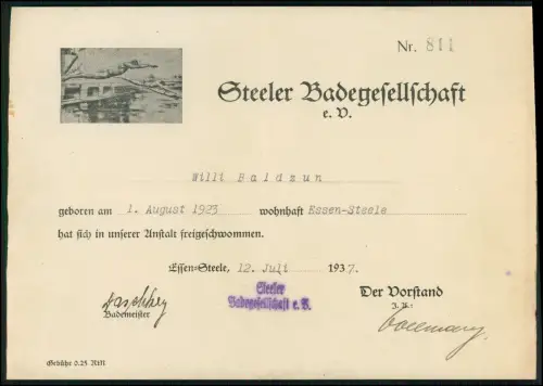 Badegesellschaft Essen Steele - Freischwimmer Urkunde 21x15cm - Dokument 1937