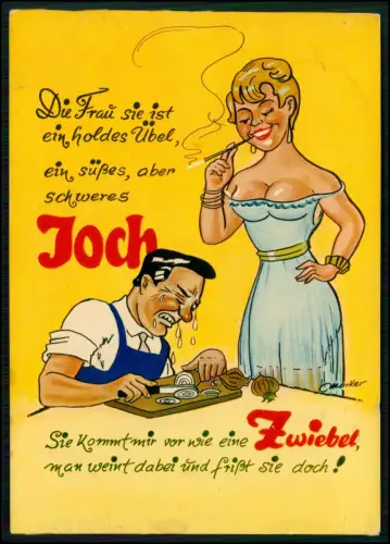 AK - Spaßkarte Frau Mann Zwiebel - Cartoon 50er Humor Erotik - Spruch Eheleben