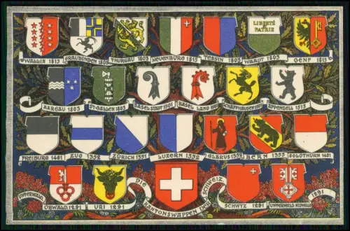 AK - Schweiz Kantonswappen mit Beitrittsjahren - farbige Heraldik Karte ca. 1925
