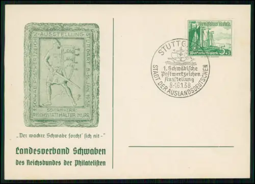 Postkarte - 1. Schwäbische Postwertzeichen-Ausstellung Stuttgart Stempel 1938