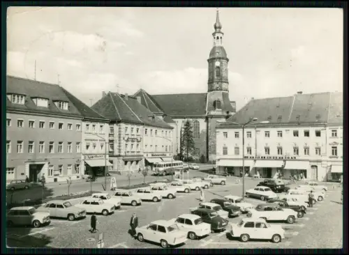 Foto AK - Großenhain Karl-Marx-Platz Kirche - ca. 20 parkende Trabant Autos DDR