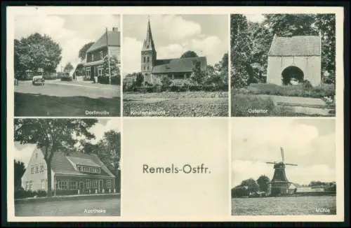 AK Remels Uplengen - Ostfriesland – Dorfmotiv Kirche Ostertor Apotheke Mühle