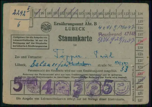 3x  Stammkarte Lübeck 1947 + Ausweis Militär-Versorgungsgebührnisse Rationierung
