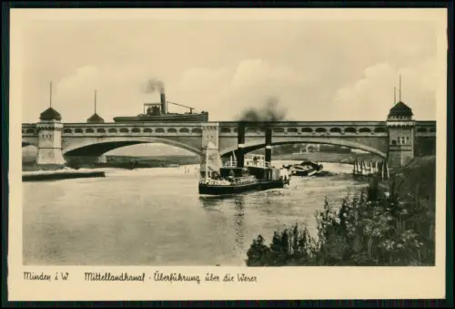 2x AK - Minden Mittellandkanal Überführung über Weser Brücke Dampfer - u. Porta