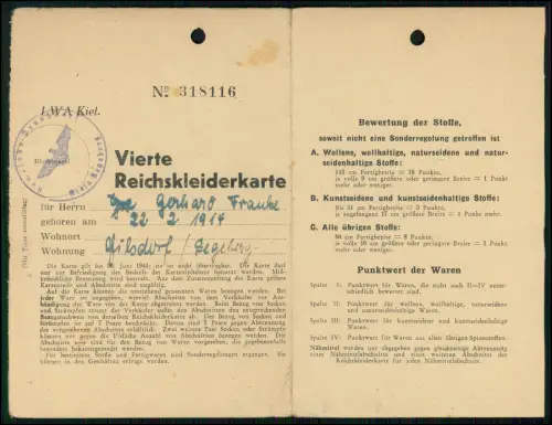 Reichskleiderkarten 1944-45 aus Kiel - personalisierte Rationierung für Kleidung