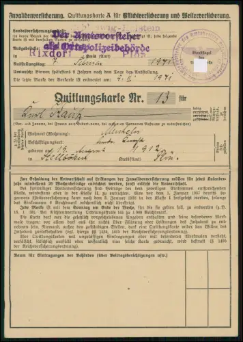 Ortspolizei Karte Invalidenversicherung 1941 Schleswig-Holstein Rixdorf Lebrade