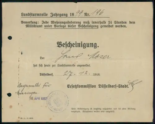 Bescheinigung 1. WK Landsturmrolle 1899 - Düsseldorf Ersatzkommission 1916-17