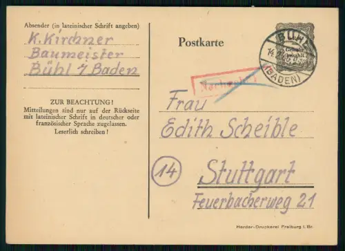 Postkarte Ganzsache Amerikanische Zone Bühl Baden 1946 gelaufen nach Stuttgart