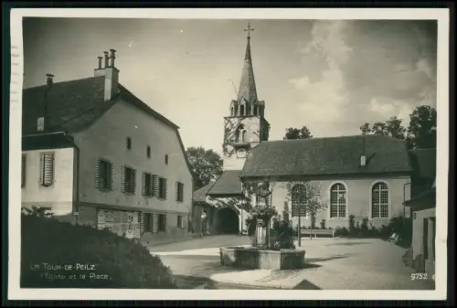 Echt Foto AK - La Tour-de-Peilz Schweiz - Kirche Brunnen Place Eglise 1928 gel.