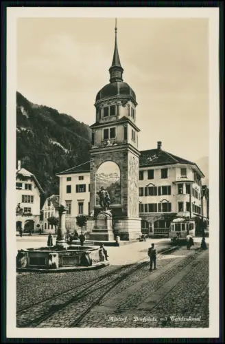 Foto AK - Altdorf Dorfplatz Tell Denkmal Schweiz Uri Tram Brunnen Altstadt 1928